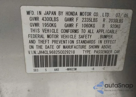 2005 Acura Tsx z USA, uszkodzony, nr VIN JH4CL96825C029218